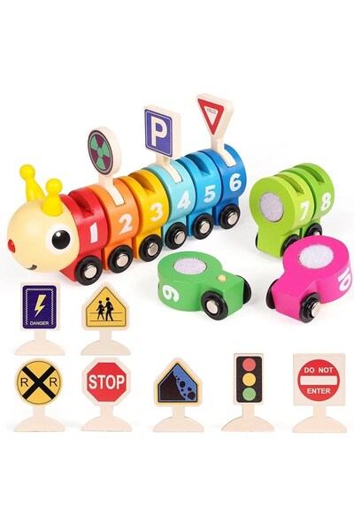 sallma Wooden educational set with numbered caterpillar and colored traffic s...