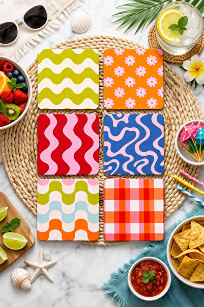 VERONİCA LİNE Modern Colorful 6-Piece Coasters Mdf 10X10 cm Decorative Presen...