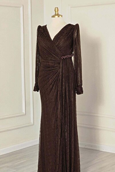 Yonca Moda Evi Kahverengi Dantel Abiye 25692