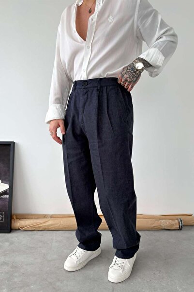 HAFKAGİYİM Navy Blue Premium Textured Gabardine Trousers