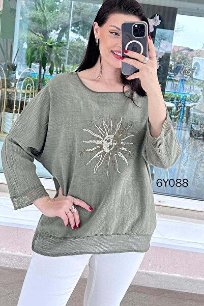 İnce Topuk Sun Sequin Embroidered Linen Blouse 6Y088