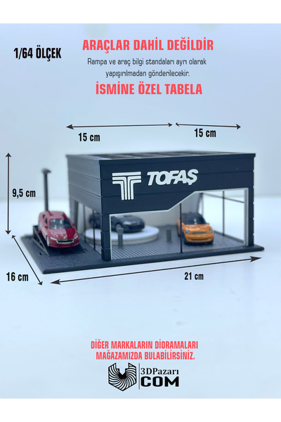 Butik 1/64 Ölçekli Tofaş Diorama Tasarımlı Siyah Renk Araç Sergileme Garajı 3...