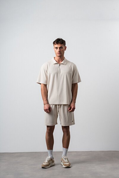 Respire طقم شورت تي شيرت رجالي ذو ياقة بولو وقصة عادية باللون البيج