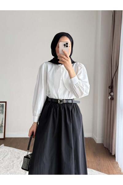 Miraydın Butik Γυναικείο κοντό πουκάμισο ποπλίνα με κορδόνια στο γιακά - Λευκό