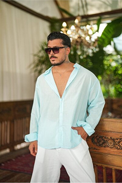 OUTFİT MAN İnce Keten Oversize Gömlek Bebe Mavisi