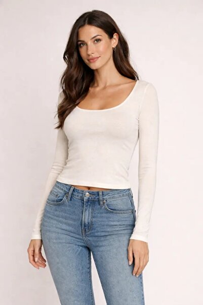 Cool & Sexy Ecru Square Neck Long Sleeve Basic Blouse – Flexible Fabric Casua...