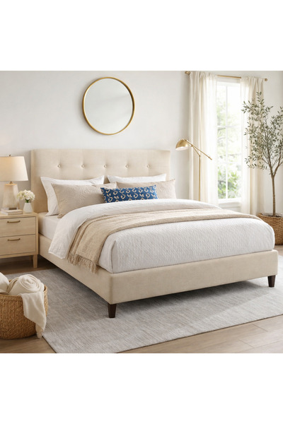 BedBoss Beige Fabric Upholstered Bed with Hydraulic Storage