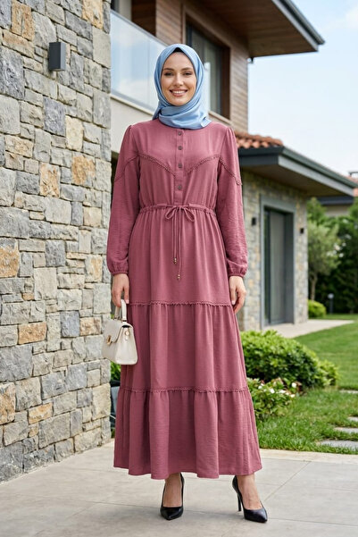 Hb Harma Time Butik Women's Lace Detailed Waist Tie Pink Ayrobin Dress