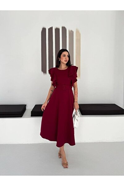 JANES Women's Crew Neck Ruffled Sleeves Double Fabric Mid-Length Dress with B...