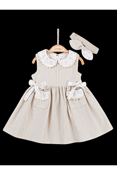 The-kid.co Beige Bow Baby Dress with Headband