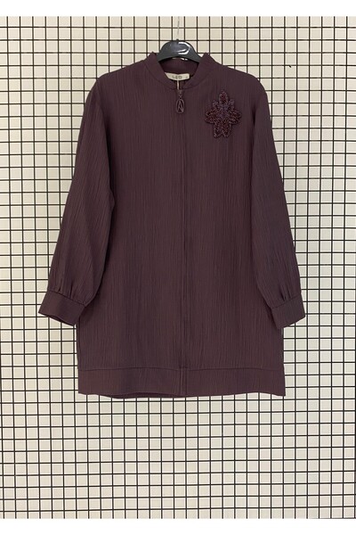 Armine Eye-Catching Textured Viscose Fabric Zippered Summer Cardigan with Tre...