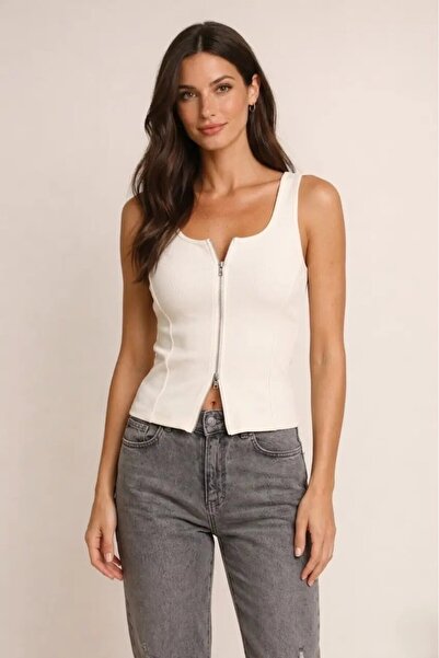 Cool & Sexy Zippered Zero Sleeve Blouse Ecru