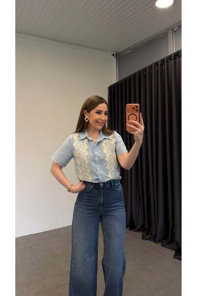 elif teke Feya Keten Dokumalı Beyaz İşlemeli Gömlek Mavi