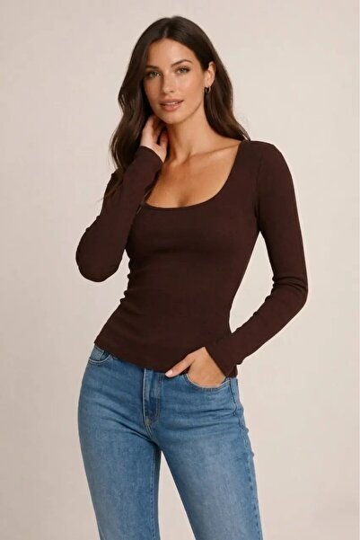 Cool & Sexy Brown Square Neck Long Sleeve Basic Blouse – Stretchy Fabric Casu...