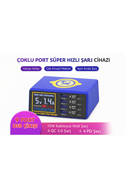 qasul 9 Port USB Hızlı Şarj İstasyonu 110W Kablosuz 15W Şarj + 4 QC3.0 + 4 PD...