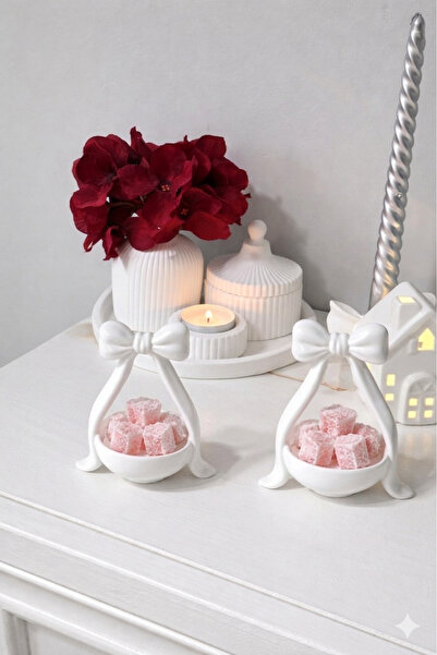 YSR HOME 2'li Beyaz Fiyonk Tasarım Lüks Sunumluk Seti - Kahve Yanı Lokumluk, ...