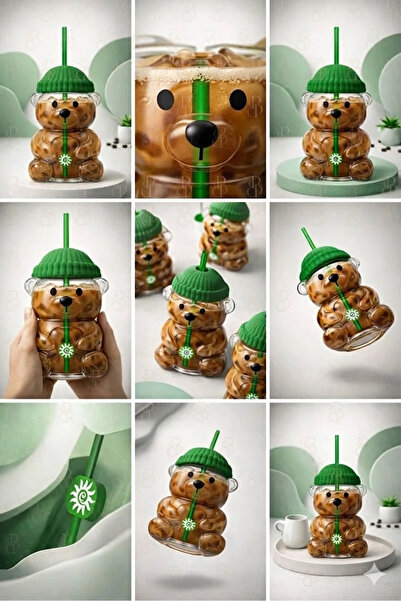 Bektas HomeOffice زجاجة مياه على شكل دب مع قشة - زجاجة مياه من البلاستيك الصل...