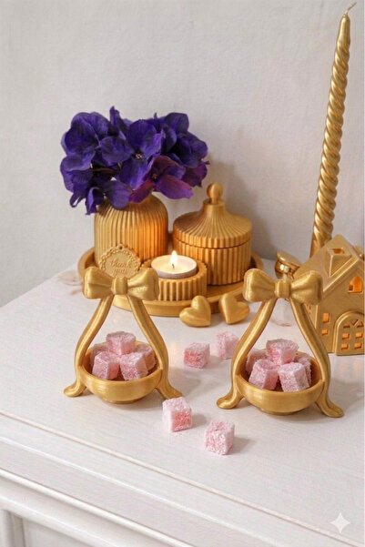 YSR HOME 2’li Altın sarısı Fiyonk Tasarım Lüks Sunumluk Seti - Kahve Yanı Lok...