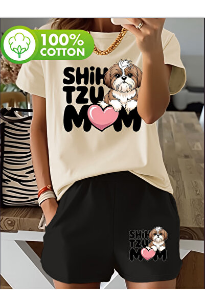 MİDAD طقم تي شيرت أسود مطبوع عليه MOM مع شورت كبير الحجم وياقة دائرية للجنسين