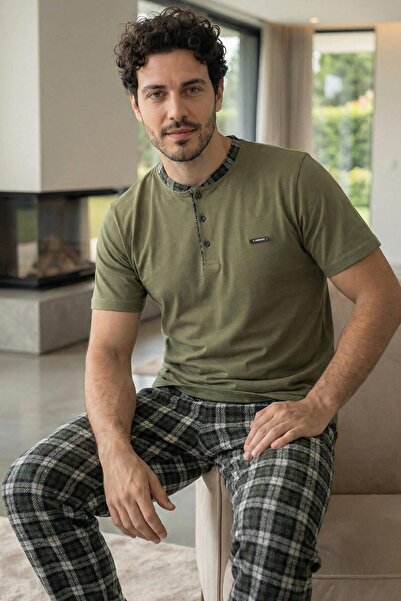 Pijamaevi Σετ ανδρικών πιτζαμών Heritage Olive με κοντά μανίκια από βαμβάκι