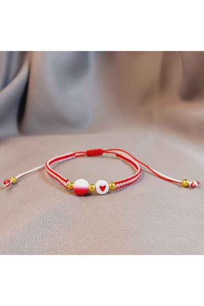 Crystal Atelier Red and White Heart Macrame Fan Bracelet Adjustable Minimal L...