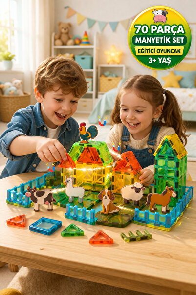 TOYFEST 70 Parça Manyetik Blok Seti Çiftlik Oyunu Eğitici Zeka Geliştirici Oy...