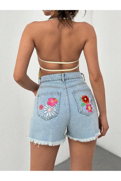 circle Women's Light Blue High Waist Floral Embroidered Tassel Detailed Denim Shorts