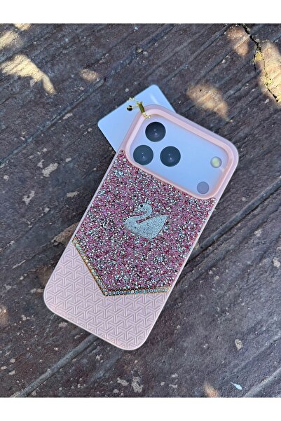 madamcase حافظة آيفون 13 برو ماكس باللون الوردي بنمط البجع مع الحجر المزخرف