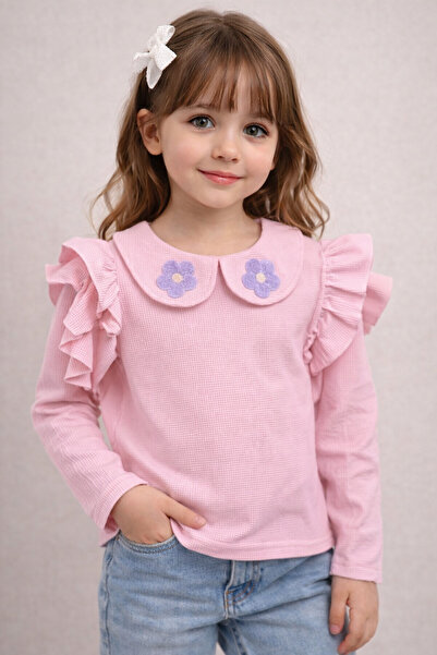 DUBAİ ÇOCUK Ruffled Shoulder Detail Collar Floral Embroidered Long Sleeve Blouse