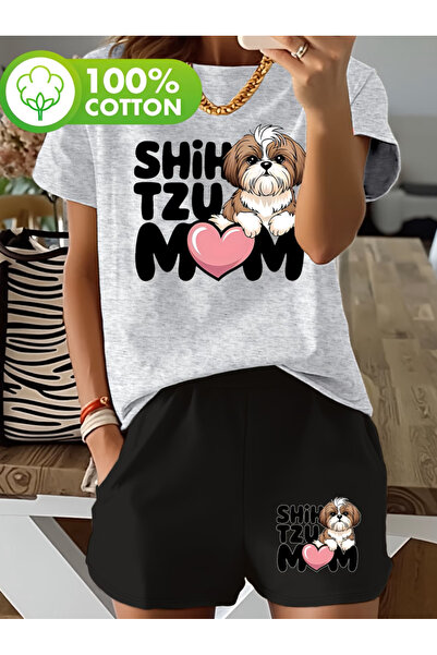 MİDAD طقم تي شيرت أسود مطبوع عليه MOM مع شورت كبير الحجم وياقة دائرية للجنسين