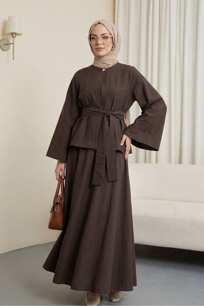 Modamorfo Single Button Belted Skirt Suit - Brown