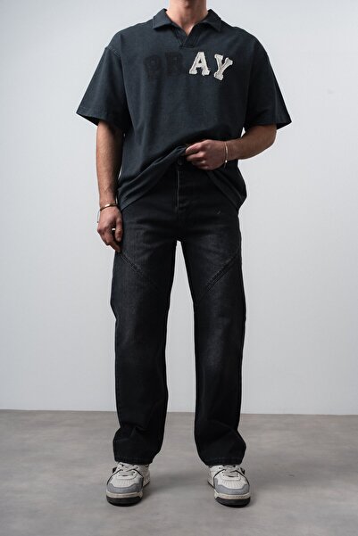 Respire Blugi largi pentru bărbați, cu cusături asimetrice, negri