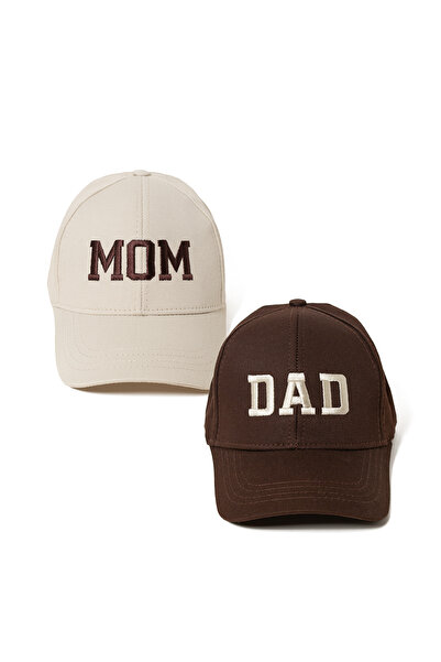 Nome Studio Nakışlı Bej Kahve Şapka Mom Dad Anne Baba 2li paket Pamuk Kumaşlı...