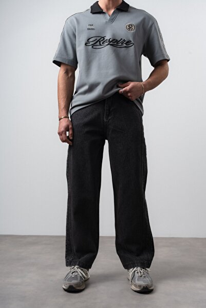 Respire Ανδρικό τζιν με λεπτομέρεια στο πλάι, φαρδιά γραμμή, μαύρο