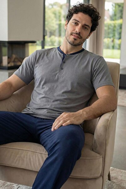 Pijamaevi Αστικό γκρι κοντομάνικο σετ πιτζάμες με λεπτομέρεια με πατιλέτες, κ...