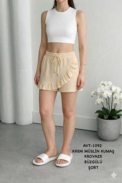 Betülce Double-Breasted Gathered Muslin Women's Shorts