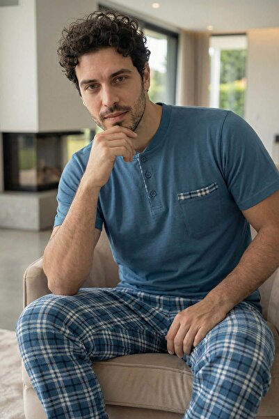 Pijamaevi Ατσάλινο μπλε κοντομάνικο σετ ανδρικών πιτζαμών με λεπτομέρεια τσέπ...