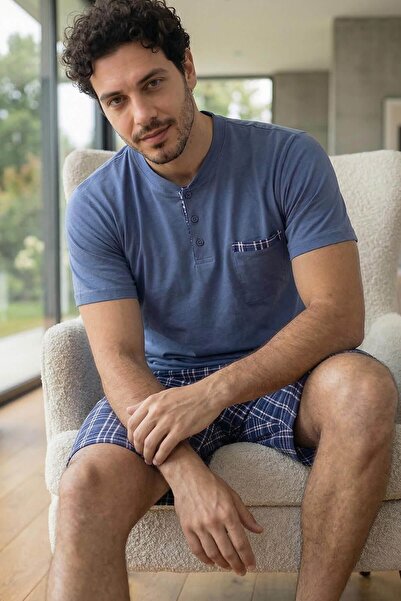 Pijamaevi Steel Blue Elegant Men's Pajama Set with Pat Detail on Shorts