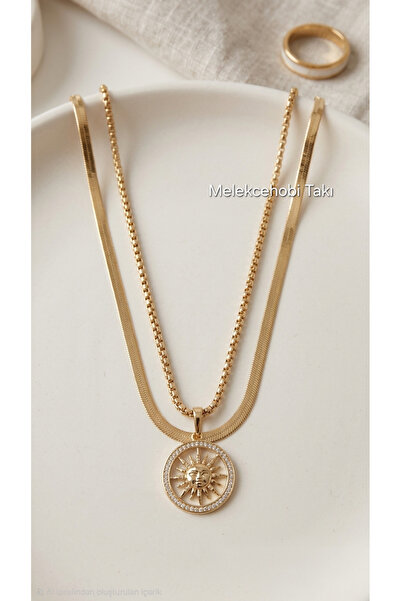 XUPING JEWELRY 18K Rose İtalyan Ezme Zincir & Güneş Madalyon 2’li Kolye Kombi...
