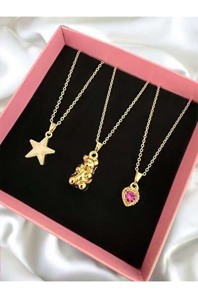 Madam Bikan Gold Renk 3 Lü Ayıcık Yıldız Pembe Kalp Kombin Set Kolye