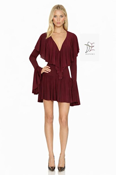 DİDVAKE Women's Mini Flywheel Detailed Lined Burgundy Dress