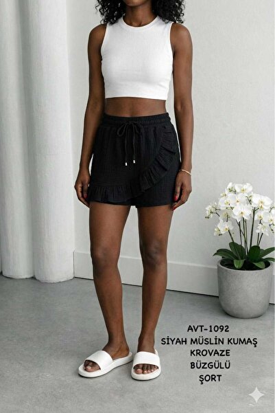 Betülce Γυναικείο σορτς μουσελίνας με διπλό στήθος και κορδόνι