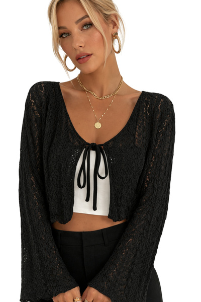 ModaAzen Black Lace-Like Knit Tie-Detail Cotton Women's Cropped Cardigan