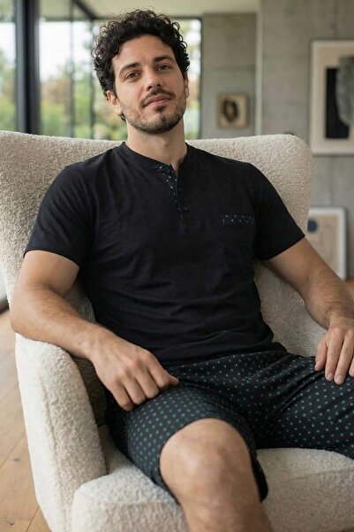 Pijamaevi Midnight Black Elegant Men's Pajama Set with Patch Detail on Shorts