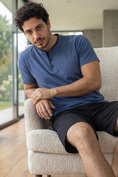 Pijamaevi Midnight Steel Elegant Men's Pajama Set with Pat Detail on Shorts