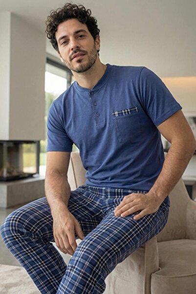 Pijamaevi Κομψό ανδρικό σετ πιτζάμες σε μπλε ίντιγκο χρώμα με κοντά μανίκια κ...