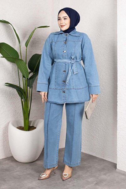 MİSSKAYLE Costum din denim cu nasturi și curea – Croială lejeră, combinație d...