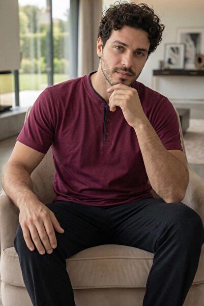 Pijamaevi Σετ Ανδρικών Πιτζάμες Royal Bordeaux με Κοντό Μανίκι και Λεπτομέρει...