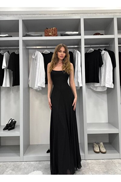 FLOWERİNG Γυναικείο μαύρο μάξι φόρεμα με λουράκια και επένδυση