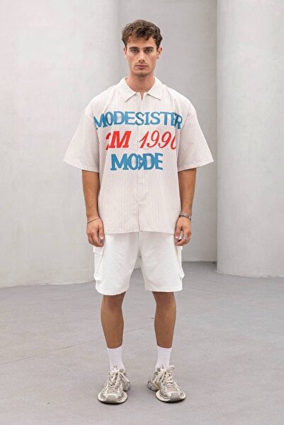 Yeblin Mode Beige Striped Oversize Shirt